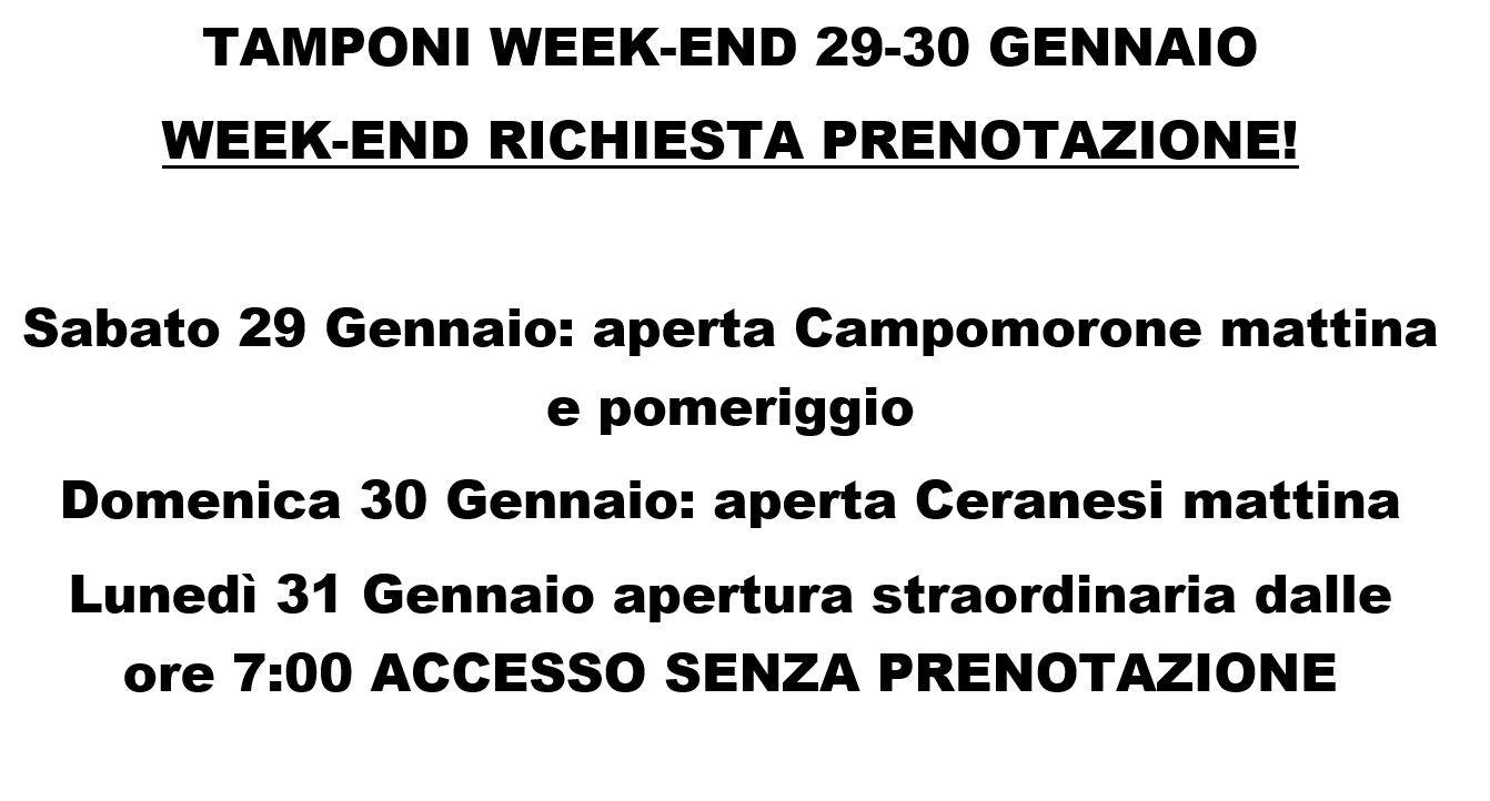 Tamponi week end 29 30 gennaio Campomorone ceranesi 